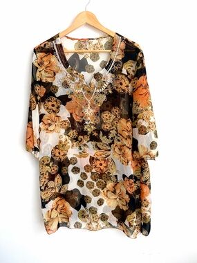 Eder A - Boho Embellished Sheer Tunic Cover-Up Blouse - XXXL